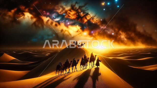 قافلة من الابل تسير وسط الكثبان الرملية و المناطق الصحراوية في المملكة العربية السعودية، مشهد لمجرة درب التبانة والنجوم اللامعة في السماء فوق المناظر الطبيعية في الصحاري، حيوانات التنقل والسفر في القدم