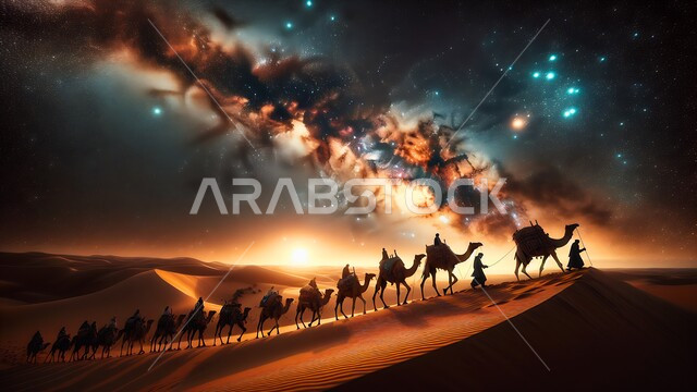  حيوانات التنقل والسفر في القدم، قافلة من الابل تسير وسط الكثبان الرملية و المناطق الصحراوية في المملكة العربية السعودية، مشهد لمجرة درب التبانة والنجوم اللامعة في السماء فوق المناظر الطبيعية في الصحاري