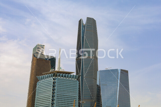 The architectural engineering art of economic towers and skyscrapers, the King Abdullah Financial Center (KAFD) towers in the city of Riyadh, landmarks and commercial facilities in the Kingdom of Saudi Arabia.