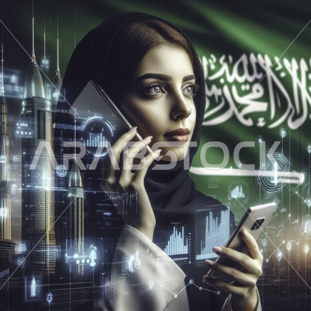 متابعة الرسم البياني للنمو الاقتصادي، استخدام التقنيات الحديثة، التداول في سوق الأوراق المالية، صورة مقربة لسيدة أعمال عربية سعودية خليجية محجبة تمسك بيدها الهاتف المحمول تقوم بإجراء مكالمة صوتية، خلفية العلم السعودي وابراج المملكة