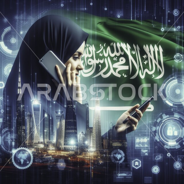 متابعة الرسم البياني للنمو الاقتصادي، استخدام التقنيات الحديثة، التداول في سوق الأوراق المالية، صورة مقربة لسيدة أعمال عربية سعودية خليجية محجبة تمسك بيدها الهاتف المحمول تقوم بإجراء مكالمة صوتية، خلفية العلم السعودي وابراج المملكة