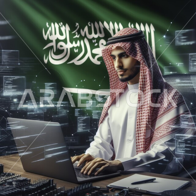 تطوير الشبكات والأنظمة البرمجية، استخدام التقنيات الحديثة، التداول في سوق الأوراق المالية، صورة مقربة لرجل أعمال عربي سعودي خليجي يرتدي الشماغ والثوب التقليدي يقوم باستخدام الحاسب المحمول، مفهوم النمو الاقتصادي، خلفية العلم السعودي