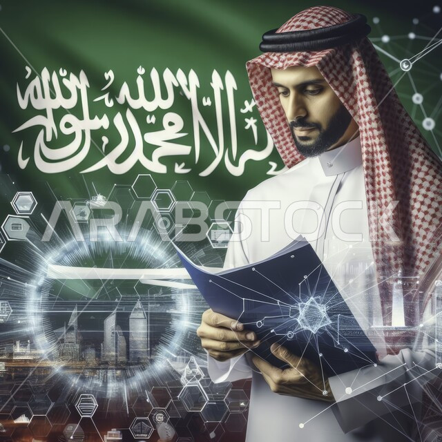 مفهوم النمو الاقتصادي، تطوير الشبكات والأنظمة البرمجية، التداول في سوق الأوراق المالية، صورة مقربة لرجل أعمال عربي سعودي خليجي يرتدي الشماغ والثوب التقليدي يمسك بيده الملفات الورقية، خلفية العلم السعودي