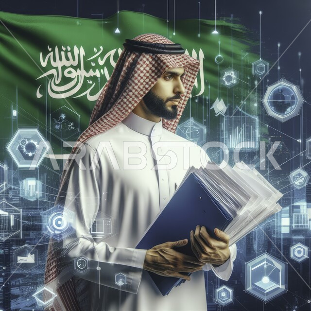 مفهوم النمو الاقتصادي، تطوير الشبكات والأنظمة البرمجية، التداول في سوق الأوراق المالية، صورة مقربة لرجل أعمال عربي سعودي خليجي يرتدي الشماغ والثوب التقليدي يمسك بيده الملفات الورقية، خلفية العلم السعودي