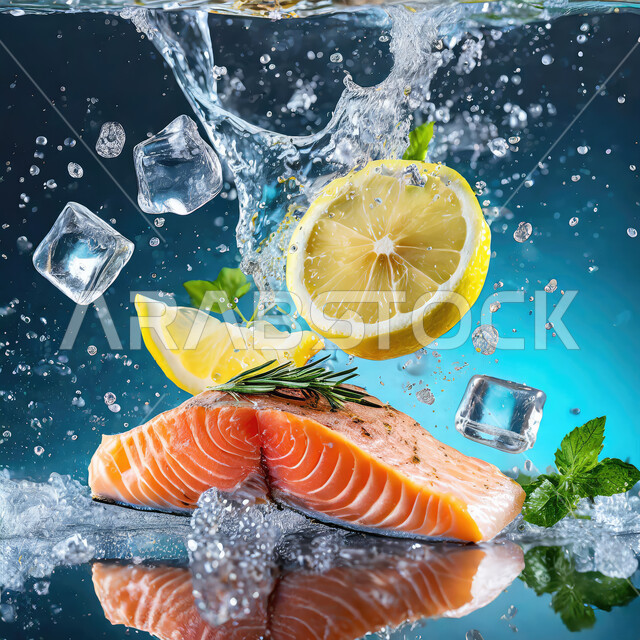 أعشاب برية وشرائح الليمون والنعناع, صورة مقربة لقطع من السمك الغير مطهي مع مكعبات الثلج, اطباق غذائية غنية بالبروتينات, لحوم نيئة, خلفية زرقاء
