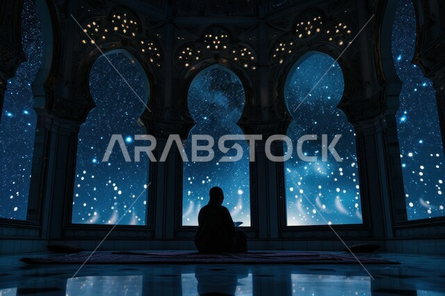 The concept of worship and getting closer to God Almighty, commitment to obligations and acts of worship, a silhouette from the back of a Saudi Gulf Arab man praying and praying in the mosque, a spiritual Ramadan atmosphere on the Night of Destiny, Salulite