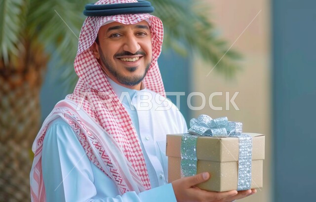 أعياد ومناسبات ومفاجآت سعيدة, إهداء وتقديم الهدايا الفاخرة، صورة مقربة لرجل عربي خليجي سعودي مبتسم يرتدي الثوب والشماغ التقليدي يحمل بيديه علبة هدايا مغلفة ينظر الى الكاميرا بإيماءات السرور والسعادة