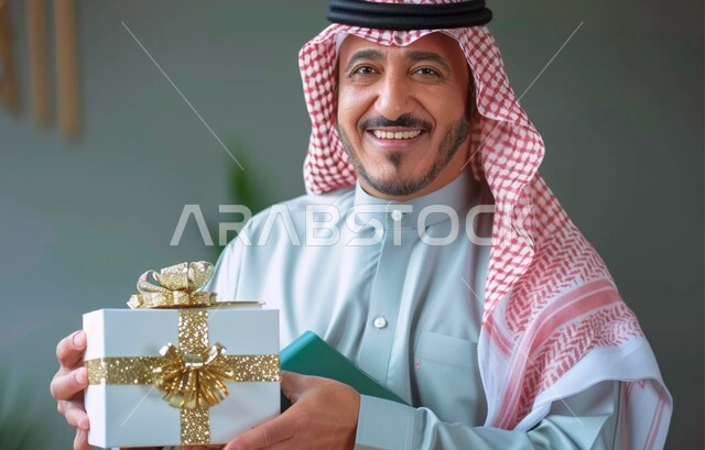 إهداء وتقديم الهدايا الفاخرة، أعياد ومناسبات ومفاجآت سعيدة, صورة مقربة لرجل عربي خليجي سعودي مبتسم يرتدي الثوب والشماغ التقليدي يحمل بيديه علبة هدايا مغلفة ينظر الى الكاميرا بإيماءات السرور والسعادة