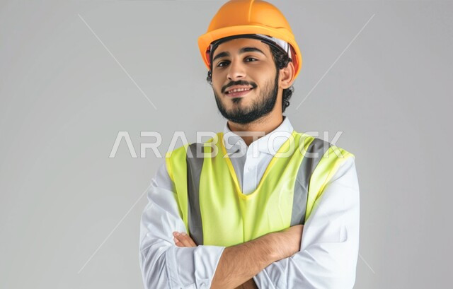مفهوم الهندسة والانشاءات المعمارية، بورتريه مقرب لمهندس عربي خليجي سعودي مبتسم يرتدي الخوذه  وسترة الحماية ينظر إلى الكاميرا بإيماءات السرور، الوقوف بأيدي متقاطعه، العمل في القطاع الهندسي، مهن ووظائف سعودية، الإعمار بسواعد أبناء الوطن، خلفية رمادية