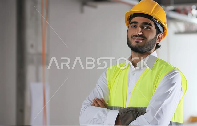 العمل في القطاع الهندسي، الإعمار بسواعد أبناء الوطن، مهن ووظائف سعودية، مفهوم الهندسة والانشاءات المعمارية، صورة مقربة لمهندس عربي خليجي سعودي مبتسم يرتدي الخوذه  وسترة الحماية ينظر إلى الكاميرا بإيماءات السرور، الوقوف بأيدي متقاطعه