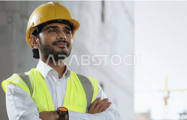 Reconstruction with the help of the people of the country, Saudi professions and jobs, the concept of engineering and architectural construction, a close-up picture of a smiling Saudi Arabian Gulf engineer wearing a helmet and protection vest looking at something with gestures of pleasure, standing with crossed hands, working in the engineering sector