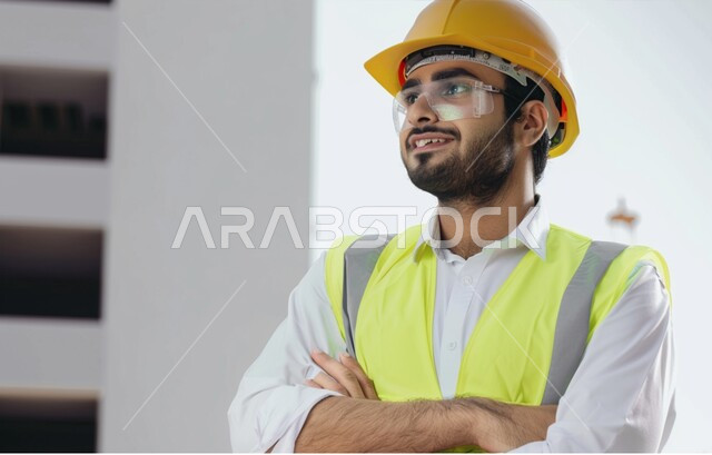 العمل في القطاع الهندسي، الإعمار بسواعد أبناء الوطن، مهن ووظائف سعودية، مفهوم الهندسة والانشاءات المعمارية، صورة مقربة لمهندس عربي خليجي سعودي مبتسم يرتدي الخوذه والنظارة وسترة الحماية ينظر إلى شيء ما بإيماءات السرور، الوقوف بأيدي متقاطعه