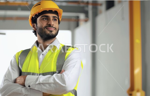 الإعمار بسواعد أبناء الوطن، مهن ووظائف سعودية، مفهوم الهندسة والانشاءات المعمارية، صورة مقربة لمهندس عربي خليجي سعودي مبتسم يرتدي الخوذه  وسترة الحماية ينظر إلى شيء ما بإيماءات السرور، الوقوف بأيدي متقاطعه، العمل في القطاع الهندسي