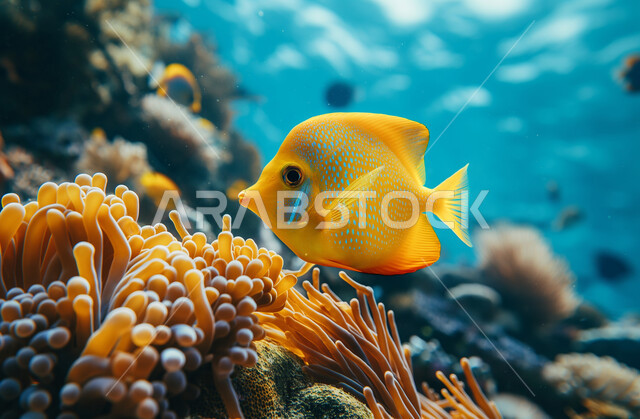 الثروة السمكية والنباتات المائية في المملكة العربية السعودية، الشعب المرجانية الملونة في اعماق البحار، سمكة التانغ الصفراء تسبح في المياه، التعليم والترفيه وعرض عجائب البيئة المائية في البحر، محمية طبيعية بحرية