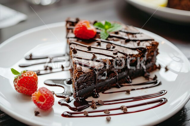A piece of chocolate cake decorated with strawberries, melted chocolate sauce and mint, sugars and high-calorie foods, homemade candy, a delicious piece of candy, delicious sweets and pastries.
