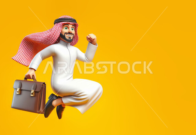 تعابير الفرح والتفاؤل، رسم ثلاثي الأبعاد لرجل أعمال عربي خليجي سعودي مبتسم يرتدي الزي التقليدي يحمل بيده حقيبة جلدية يقوم بالقفز بالهواء بإيماءات السعادة والسرور، خلفية صفراء