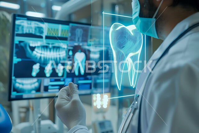 رسمة سن مضيء بتقنية الهيلوجرام، استخدام التكنولوجيا الحديثة في الفحص والمعاينة، التطور التكنولوجي في المجال العلمي والصحي، صورة مقربة من الجانب لطبيب أسنان عربي خليجي سعودي يرتدي المعطف الطبي ينظر إلى صورة اسنان بالأشعة السينية