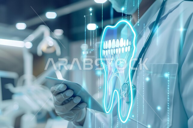 تقدم التكنولوجيا في المجال العلمي والصحي، الذكاء الإصطناعي والتطور الرقمي التكنولوجي، صورة مقربة لطبيب أسنان عربي خليجي سعودي يرتدي المعطف الطبي و يحمل بيده جهاز لوحي ينظر لصورة سن بتقنية الهولوجرام