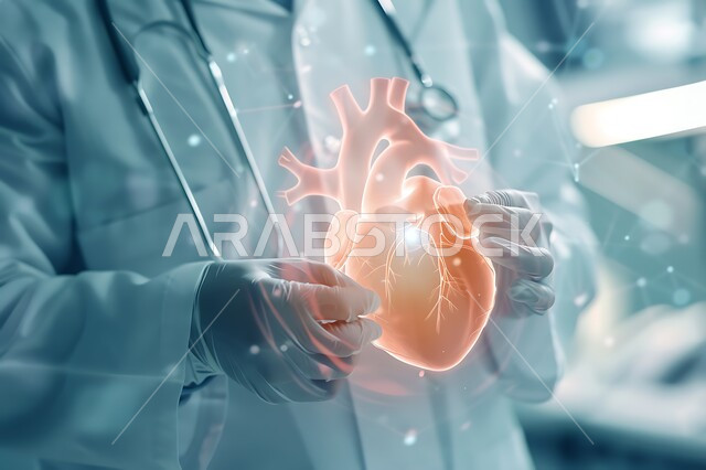 The use of modern technology and artificial intelligence in examining and examining patients, digital technological progress, the development of technology in the scientific and health field, a close-up photo of a Saudi Gulf Arab doctor holding a heart with hologram technology in his hand, the Saudi future vision 2030