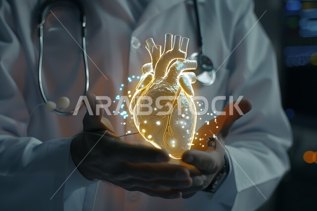 اشكال ورسومات ثلاثية الابعاد لأعضاء جسم الانسان، استخدام التكنولوجيا الحديثة والذكاء الإصطناعي في فحص ومعاينة المرضى، التقدم الرقمي التكنولوجي، صورة مقربة لطبيب عربي خليجي سعودي  يحمل بيده قلب بتقنية الهولوجرام، الرؤية السعودية المستقبلية 2030 