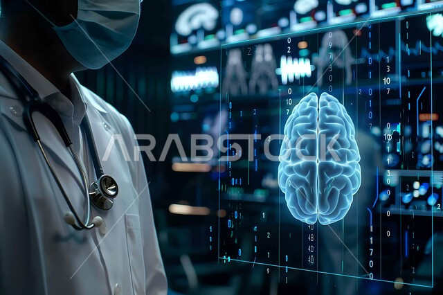 Luminous brain cells, the development of technology and technology in the scientific and health fields, artificial intelligence and digital technological progress, a close-up photo from the side of a Saudi Arabian Gulf doctor looking at an image of the brain using hologram technology, the Saudi future vision 2030