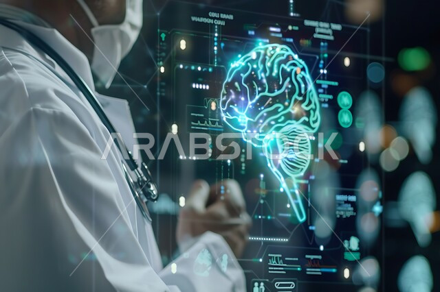 الذكاء الإصطناعي والتقدم الرقمي التكنولوجي، الرؤية السعودية المستقبلية 2030، خلايا المخ المضيئة، تطور التقنية والتكنولوجيا في المجال العلمي والصحي، صورة مقربة من الجانب لطبيب عربي خليجي سعودي ينظر لصورة الدماغ بتقنية الهولوجرام