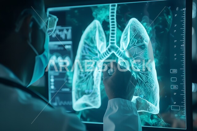 الرؤية السعودية المستقبلية 2030، استخدام التكنولوجيا الحديثة بالفحص والتشخيص، دمج الذكاء الاصطناعي بالطب، صورة مقربة من الجانب لطبيب عربي خليجي سعودي يرتدي المعطف الطبي و السماعة الطبية يحمل يقوم بدراسة صورة جهاز التنفس بتقنية الهولوجرام