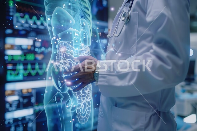 استخدام التكنولوجيا الحديثة بالفحص والتشخيص، دمج الذكاء الاصطناعي بالطب، رسومات ثلاثية الابعاد لأعضاء جسم الانسان، صورة مقربة من الجانب لطبيب عربي خليجي سعودي يرتدي المعطف الطبي و السماعة الطبية يحمل بيده صورة الجهاز الهضمي بتقنية الهولوجرام