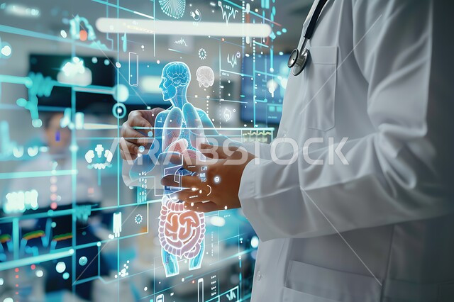 تطور التقنية والتكنولوجيا في المجال العلمي والصحي، دمج الذكاء الاصطناعي بالطب، رسومات ثلاثية الابعاد لأعضاء جسم الانسان، صورة مقربة من الجانب لطبيب عربي خليجي سعودي يرتدي المعطف الطبي و السماعة الطبية يحمل بيده صورة الجهاز الهضمي بتقنية الهولوجرام