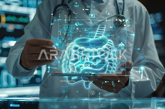 Integrating artificial intelligence into medicine, three-dimensional drawings of human body organs, the development of technology and technology in the scientific and health fields, a close-up image of a Saudi Arabian Gulf doctor wearing a medical coat and a stethoscope holding in his hand an image of the digestive system using hologram technology.