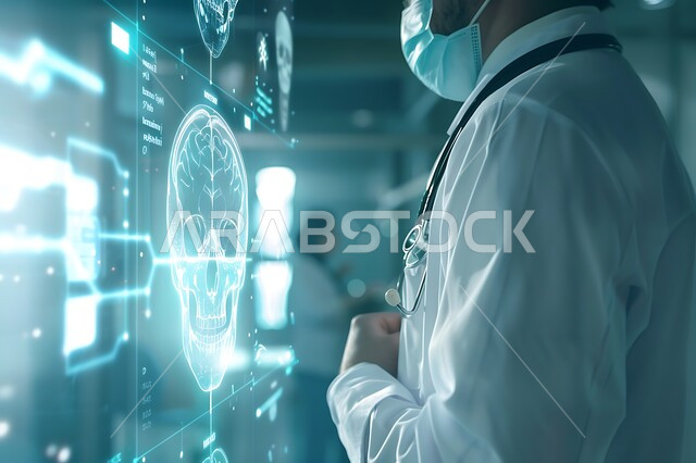 تطور التقنية والتكنولوجيا في المجال العلمي والصحي، الذكاء الإصطناعي والتقدم الرقمي التكنولوجي، اشكال ورسومات ثلاثية الابعاد لأعضاء جسم الانسان، صورة مقربة من الجانب لطبيب عربي خليجي سعودي ينظر إلى صورة الجمجمة بتقنية الهولوجرام، العظام المضيئة باللون الأزرق