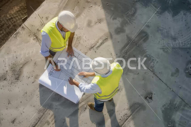 التصاميم المعمارية وتدقيق المخططات, متابعة المشاريع الهندسية في موقع الانشاء، صورة علوية عامودية لمهندسين عربيين خليجيين سعوديين يرتديان خوذة الحماية  والسترة يمسكان مخطط المشروع
