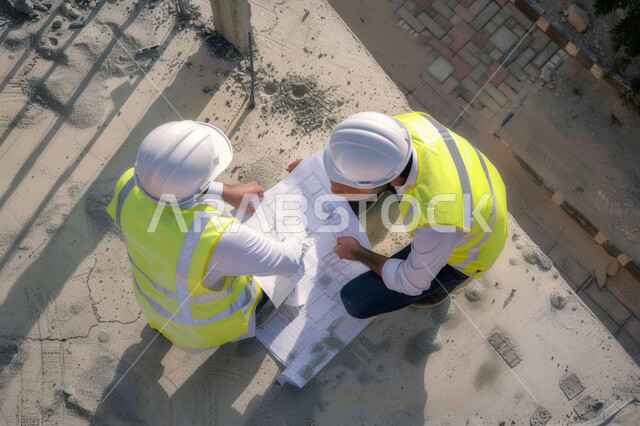 Architectural designs and checking plans, following up on engineering projects at the construction site, a vertical overhead photo of two Saudi Gulf Arab engineers wearing a protective helmet and jacket holding the project plan.