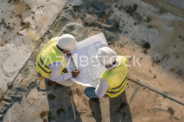 متابعة المشاريع الهندسية في موقع الانشاء، صورة علوية عامودية لمهندسين عربيين خليجيين سعوديين يرتديان خوذة الحماية  والسترة يمسكان مخطط المشروع, تدقيق المخططات والتصاميم المعمارية