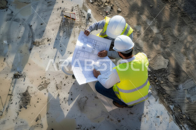 Following up on engineering projects at the construction site, a vertical overhead photo of two Saudi Gulf Arab engineers wearing a protection helmet and jacket holding the project plan, checking architectural plans and designs