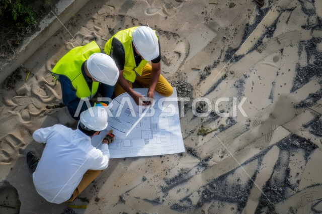 A group of Saudi Gulf Arab engineers meets at the construction site, wearing a protective vest and safety helmet, supervising the progress of the project plan, preparing strategic plans, engineering professions and jobs.