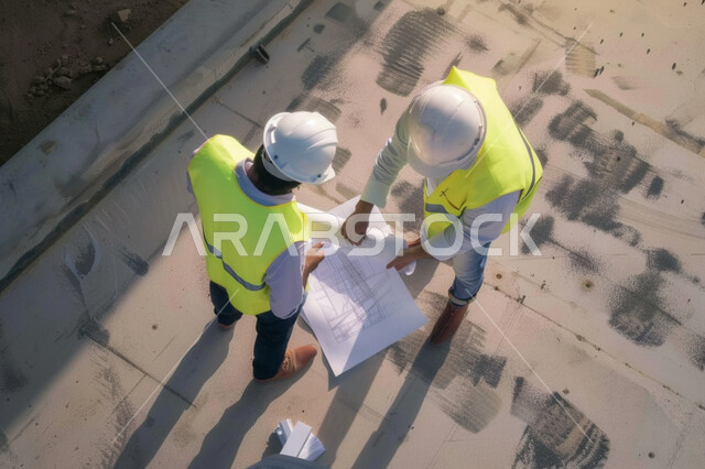 تدقيق المخططات والتصاميم المعمارية, متابعة المشاريع الهندسية في موقع الانشاء، صورة علوية عامودية لمهندسين عربيين خليجيين سعوديين يرتديان خوذة الحماية  والسترة يمسكان مخطط المشروع