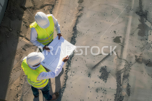 الإشراف والرقابة على المشاريع الهندسية, متابعة المشروع وتدقيق المخططات، صورة علوية عامودية لمهندسين عربيين خليجيين سعوديين يرتديان سترة الوقاية الخاصة بالعمل يحملان مخطط البناء، مفهوم الهندسة والإنشاءات المعمارية