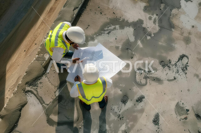 The concept of engineering and architectural construction, following up on the project and checking the plans, a vertical overhead photo of two Saudi Gulf Arab engineers wearing protective work jackets holding the construction plan, supervision and control of engineering projects.