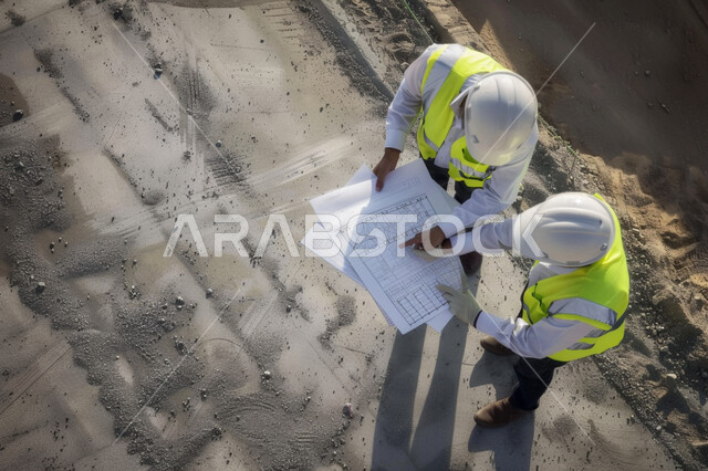 مفهوم الهندسة والإنشاءات المعمارية, متابعة المشروع وتدقيق المخططات، صورة علوية عامودية لمهندسين عربيين خليجيين سعوديين يرتديان سترة الوقاية الخاصة بالعمل يحملان مخطط البناء، الإشراف والرقابة على المشاريع الهندسية