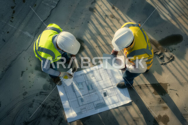 تجهيز خطط استراتيجية، مهن ووظائف هندسية، صورة علوية عامودية لاجتماع مهندس استشاري عربي خليجي سعودي مع المقاول في موقع البناء، ارتداء سترة واقية وخوذة السلامة, الاشراف على سير خطة المشروع