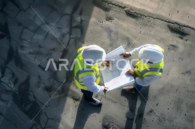 تجهيز خطط استراتيجية، مهن ووظائف هندسية، صورة علوية عامودية لاجتماع مهندس استشاري عربي خليجي سعودي مع المقاول في موقع البناء، ارتداء سترة واقية وخوذة السلامة, الاشراف على سير خطة المشروع