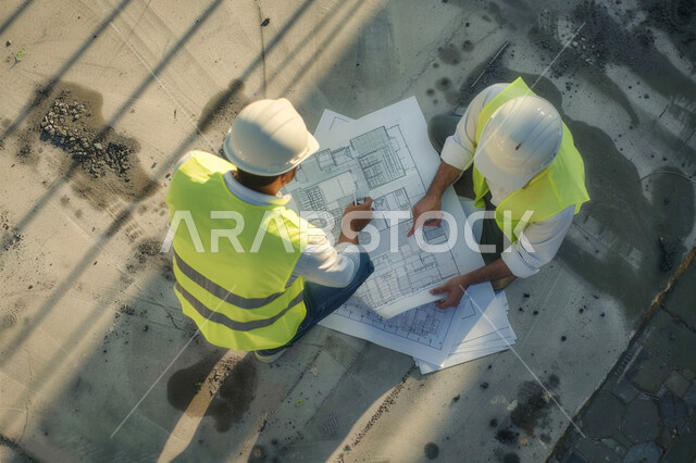 Supervising the progress of the project plan, preparing strategic plans, engineering professions and jobs, a Saudi Gulf Arab consulting engineer meeting with the contractor at the construction site, wearing a protective vest and safety helmet.