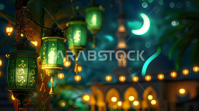  مصابيح وأنوار في الأجواء الرمضانية الروحانية، إضاءة وزينة شهر رمضان المبارك، فوانيس عربية معدنية مزخرفة باللون الاخضر ،تحف اسلامية تقليدية للاحتفال بقدوم شهر الخير، خلفية السماء مع القمر هلال