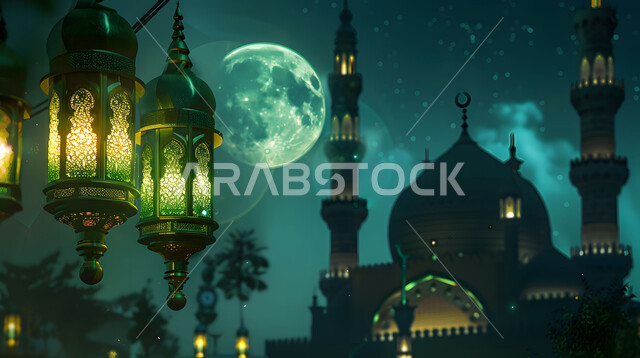 إضاءة وزينة شهر رمضان المبارك، فوانيس عربية معدنية مزخرفة باللون الاخضر، مصابيح وأنوار في الأجواء الرمضانية الروحانية، تحف اسلامية تقليدية للاحتفال بقدوم شهر الخير، خلفية السماء مع القمر بدرا