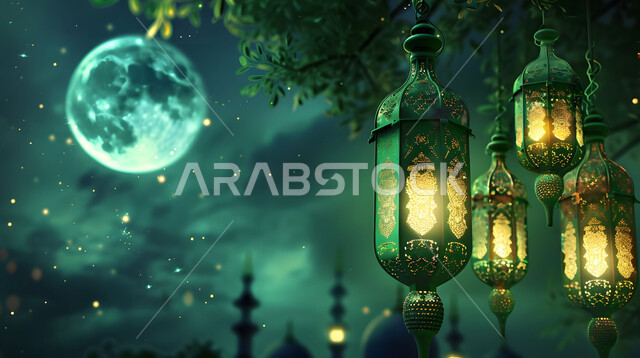 إضاءة وزينة شهر رمضان المبارك، فوانيس عربية معدنية مزخرفة باللون الاخضر، مصابيح وأنوار في الأجواء الرمضانية الروحانية، تحف اسلامية تقليدية للاحتفال بقدوم شهر الخير، خلفية السماء مع القمر بدرا