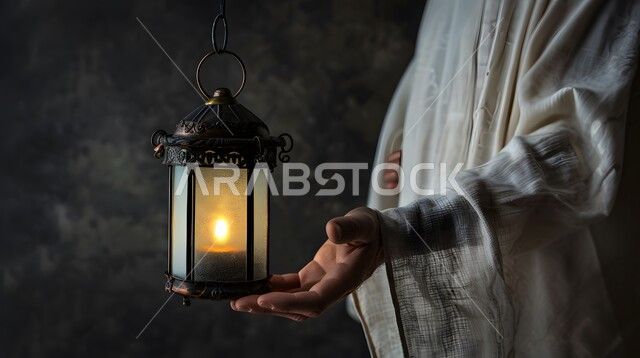 إضاءة وزينة رمضان المبارك, أنوار و ديكورات في الأجواء الرمضانية الروحانية ,صورة مقربة ليد رجل يحمل فانوس معدني تقليدي مزخرف مضيء, تحف و فوانيس اسلامية للاحتفال بقدوم شهر الخير