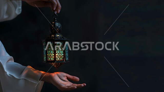 إضاءة وزينة رمضان المبارك, أنوار و ديكورات في الأجواء الرمضانية الروحانية ,صورة مقربة ليد رجل يحمل فانوس معدني تقليدي مزخرف مضيء, تحف و فوانيس اسلامية للاحتفال بقدوم شهر الخير