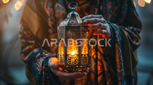 أنوار و ديكورات في الأجواء الرمضانية الروحانية ,صورة مقربة ليد رجل يحمل فانوس معدني تقليدي مزخرف مضيء, إضاءة وزينة رمضان المبارك, تحف و فوانيس اسلامية للاحتفال بقدوم شهر الخير