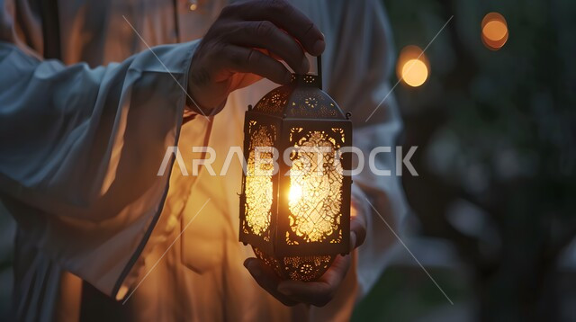 أنوار و ديكورات في الأجواء الرمضانية الروحانية ,صورة مقربة ليد رجل يحمل فانوس معدني تقليدي مزخرف مضيء, إضاءة وزينة رمضان المبارك, تحف و فوانيس اسلامية للاحتفال بقدوم شهر الخير